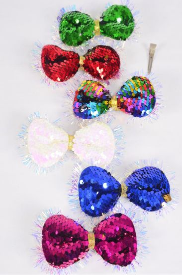 Hair Bow Large Flip Sequin Iridescent Bow-tie Multi / 12 pcs Bow = Dozen Alligator Clip , Size - 6" x 4" Wide , 12 of each Color Asst , Clip Strip & UPC Code