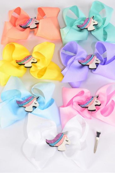 Hair Bow Jumbo Center Glitter Unicorn Charm Grosgrain Bow-tie Pastel / 12 pcs Bow = Dozen Size-6" x 5" , Alligator Clip ,2 White ,2 Baby Pink ,2 Lavender ,2 Hot Pink ,2 Mint Green ,1 Blue ,1 Yellow Color Asst ,Clip Strip & UPC Code