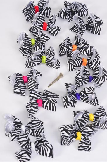 Hair Bow 24 pcs Zebra Print Grosgrain Bow-tie / 24 pcs Bow = Dozen  Zebra , Alligator Clip , Size - 3" x 2" , 2 White , 2 Fuchsia , 2 Purple ,1 Bk ,1 Yellow , 2 Rd ,1 Orange ,1 Lime Mix , Clip Strip & UPC Code