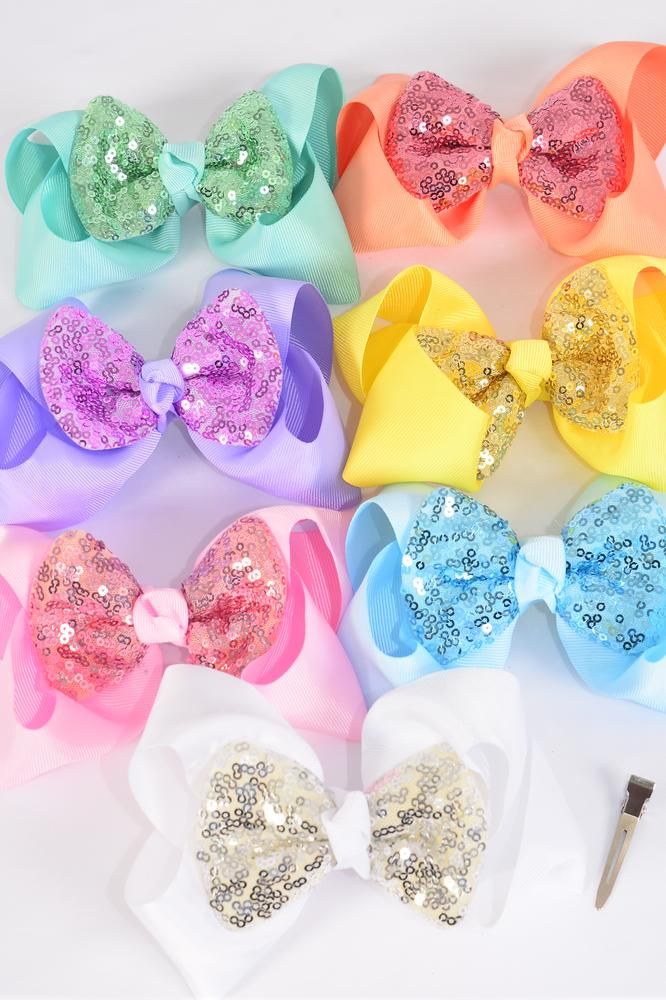 Hair Bow Jumbo Sequin Iridescent Bowtie Grosgrain Bow-tie Pastel/DZ ...