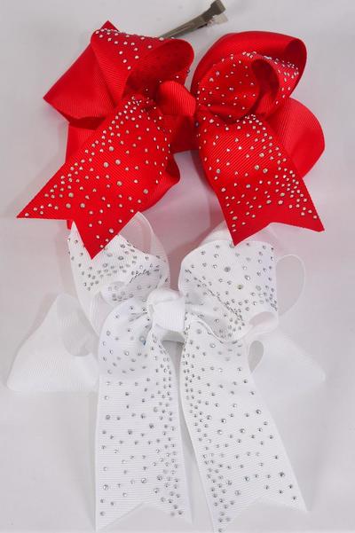 Hair Bow Jumbo Double Layered Studded Iridescent Stones Red White Mix Grosgrain Bow-tie / 12 pcs Bow = Dozen Alligator Clip , Size - 6" x 5" Wide , 6 Red , 6 White Color Asst , Clip Strip & UPC Code