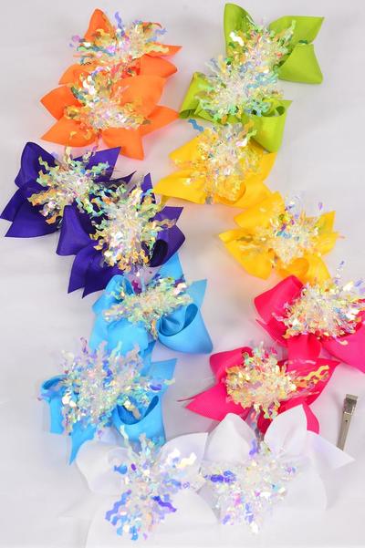 Hair Bow 24 pcs Iridescent Grosgrain Bow-tie Citrus / 12 pair Bow = Dozen  Alligator Clip , Size - 3.5" x 2.5" , 2 Blk , 2 White , 2 Fuchsia , 2 Yellow , 1 Purple , 1 Blue , 1 Lime , 1 Orange Color mix , Clip Strip & UPC Code