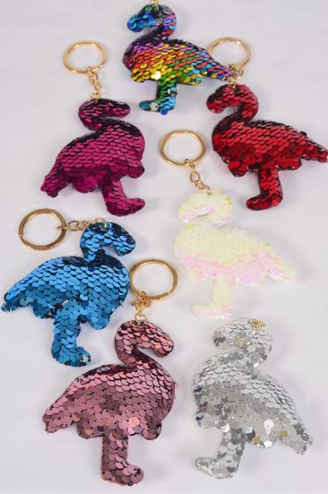 Key Chain Flip Sequin Flamingo Multi / 12 pcs = Dozen Flamingo , Size - 3.5" x 3.5" Wide , 2 Silver , 2 Red , 2 Multi , 2 White , 2 Pink , 1 Fuchsia , 1 Blue Color Asst , OPP Bag