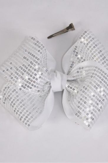 Hair Bow Extra Jumbo Cheer Type Bow Sequin Double Layered Grosgrain Bow-tie White / 12 pcs Bow = Dozen White , Alligator Clip , Size - 8" x 7" Wide , Clip Strip & UPC Code