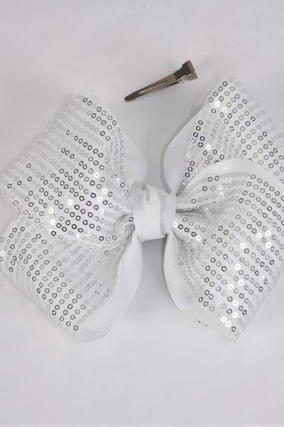 Hair Bow Extra Jumbo Cheer Type Bow Sequin Double Layered Grosgrain Bow-tie White / 12 pcs Bow = Dozen White , Alligator Clip , Size - 8" x 7" Wide , Clip Strip & UPC Code