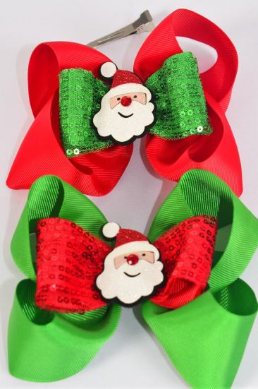 Hair Bow Jumbo Christmas Sequin Double Layered Happy Santa charm  Grosgrain Bow-tie / 12 pcs Bow = Dozen Santa ,  Size - 6" x 5" Wide , Alligator Clip , 4 of each Color Mix , Clip Strip & UPC Code