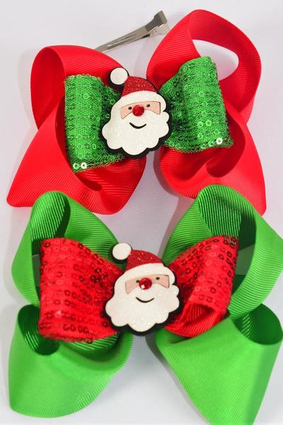 Hair Bow Jumbo Christmas Sequin Double Layered Happy Santa charm  Grosgrain Bow-tie / 12 pcs Bow = Dozen Santa ,  Size - 6" x 5" Wide , Alligator Clip , 4 of each Color Mix , Clip Strip & UPC Code