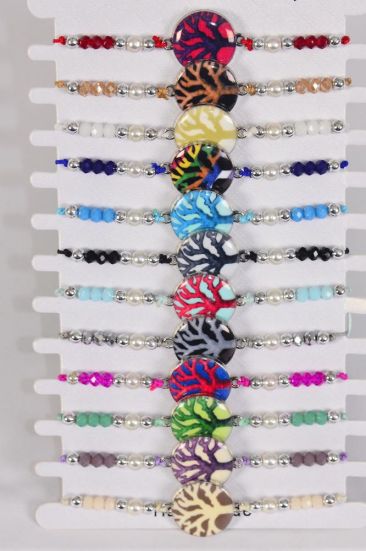 Bracelet Enamel Tree Of Life Multi / 12 pcs = Dozen Pull-String , Adjustable , 12 Color Mix , Hang tag & OPP Bag & UPC Code ,1 Dozen per Card