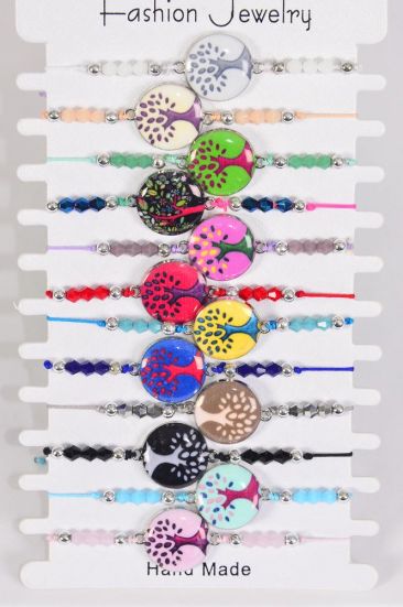 Bracelet Enamel Tree Of Life Multi / 12 pcs = Dozen Pull-String , Adjustable , 12 Color Mix ,  Hang tag & OPP Bag & UPC Code , 1 Dozen per Card