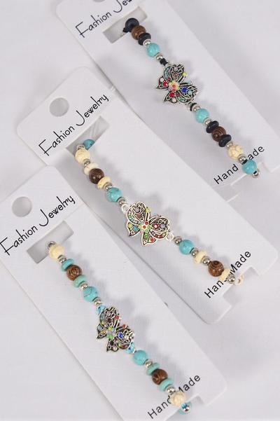 Bracelet Butterfly Semiprecious Stone / 12 pcs = Dozen  Pull-String , Adjustable , 4 Of each Pattern Asst , Individual Hang Tag & OPP Bag & UPC Code