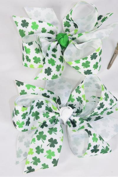 Hair Bow Jumbo Shamrock Grosgrain Bow-tie / 12 pcs Bow = Dozen Alligator Clip , Size - 6" x 5" Wide , 6 of each Pattern Asst , Clip Strip and UPC Code