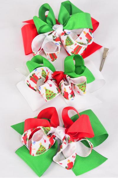 Hair Bow Jumbo Christmas Double Layered Grosgrain Bow-tie Red White Green Mix / 12 pcs Bow = Dozen Alligator Clip , Size - 6" x 5 Wide , 4 Red , 4 White , 4 Green Pattern Asst , Clip Strip & UPC Code