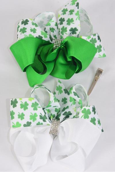 Hair Bow Jumbo Bow 2 tone Shamrock Grosgrain Bow-tie / 12 pcs Bow = Dozen Alligator Clip , Size - 6" x 6" Wide , 6 of each Pattern Asst , Clip Strip and UPC Code