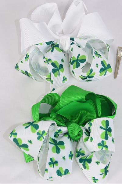 Hair Bow Jumbo Bow 2 tone Shamrock Grosgrain Bow-tie / 12 pcs Bow = Dozen Alligator Clip , Size - 6" x 6" Wide , 6 of each Color Asst , Clip Strip and UPC Code