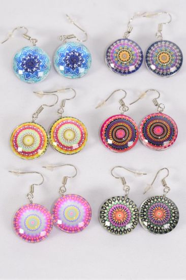 Earrings Aztec Double Sided Glass Dome / 12 pair = Dozen Fish Hook , Size - 0.75" Wide , 2 of each Pattern Asst , Earring Card & OPP Bag & UPC Code