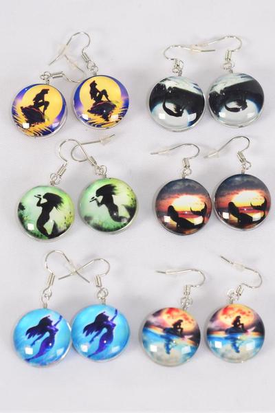 Earrings Mermaid Double Sided Glass Dome / 12 pair = Dozen  match 70270 Fish Hook , Size-0.75" Wide , 2 of each Design Asst , Earring Card & OPP Bag & UPC Code