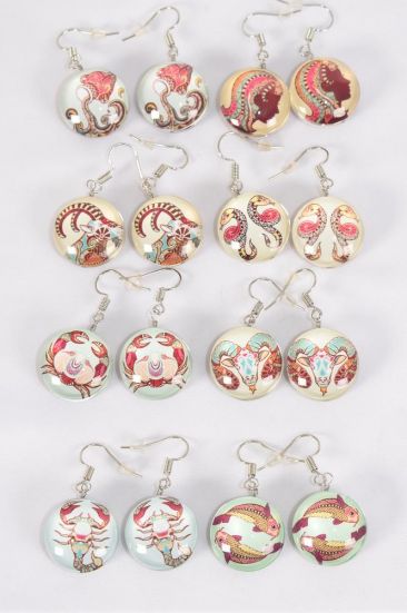 Earrings Greek Myth Zodiac Sign Double Sided Glass Dome / 12 pair = Dozen match 70280 Fish Hook , Size-0.75" Wide , 12 Month Asst , Earring Card & OPP Bag & UPC Code