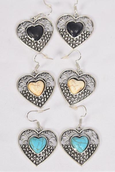 Earrings Metal Antique Heart Semiprecious Stone / 12 pair = Dozen match 70075 Fish Hook , Size-1.25"x 1" Wide , 4 Black , 4 Ivory , 4 Turquoise Color Asst , Earring Card & OPP Bag & UPC Code