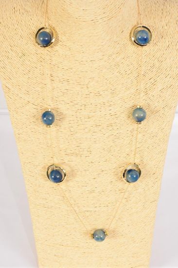 Necklace Trendy Marble Like Rhinestone Bezel Navy / 12 pcs = Dozen Navy , 30'' Chain , Hang Card & OPP Bag & UPC Code