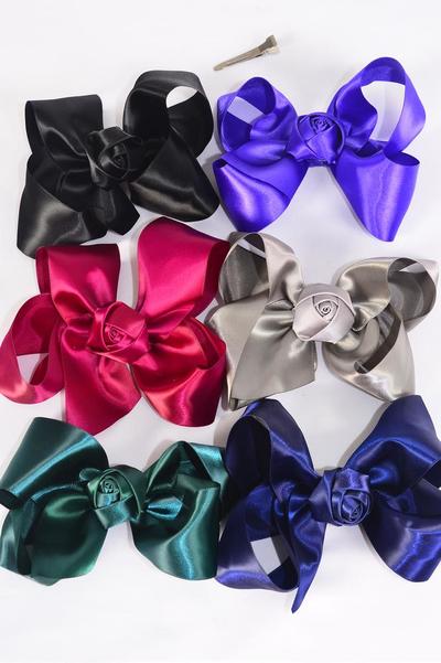 Hair Bow Jumbo Satin Rose Dark Multi / 12 pcs Bow = Dozen Dark Multi , Alligator Clip , Size - 6" x 5" Wide , 2 Of each Color Asst , Clip Strip & UPC Code