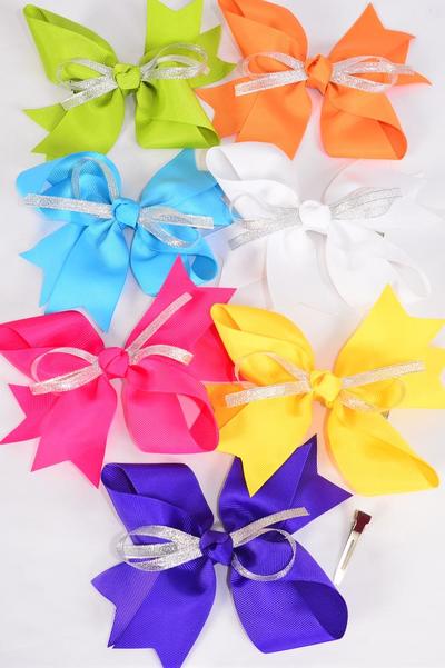 Hair Bow Jumbo Center Metallic Silver Bowtie  Grosgrain Bowtie Citrus /  12 pcs Bow = Dozen Alligator Clip , Size - 6" x 5" Wide , 2 White , 2 Hot Pink , 2 Blue , 2 Purple , 2 Yellow , 1 Orange , 1 Lime Color Asst , Clip Strip & UPC Code