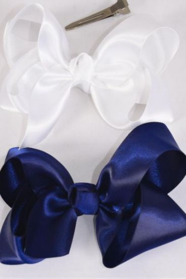 Hair Bow Large Navy & White Mix / 12 pcs Bow = Dozen  Alligator Clip , Size - 4" x 3" Wide , 6 of each Color Asst , Clip Strip & UPC Code