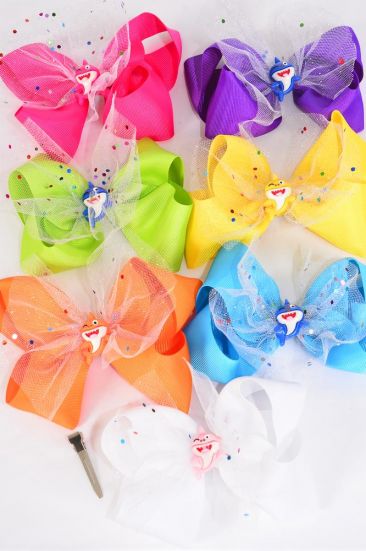 Hair Bow Jumbo Center Happy Shark Charm Grosgrain Bow-tie Citrus / 12 pcs Bow = Dozen Alligator Clip , Size - 6" x 5" Wide , 2 Fuchsia , 2 Blue , 2 Yellow , 2 Purple , 2 White , 1 Lime , 1 Orange Color Mix , Clip Strip & UPC Code