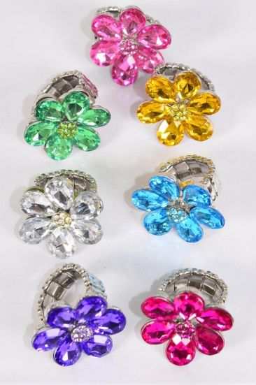 Rings Acrylic Flower Citrus Color Rhinestones Stretch / 12 pcs = Dozen Stretch , Flower Size-1" Wide , 2 Fuchsia , 2 Pink , 2 Purple , 2 Turquoise , 2 Yellow , 1 Clear , 1 Green Color Asst.