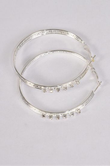 Earrings Metal Hoop Silver Clear Rhinestone / 12 pair = Dozen Silver , Post , Size - 2.25" Wide , Earring Card & OPP bag & UPC Code