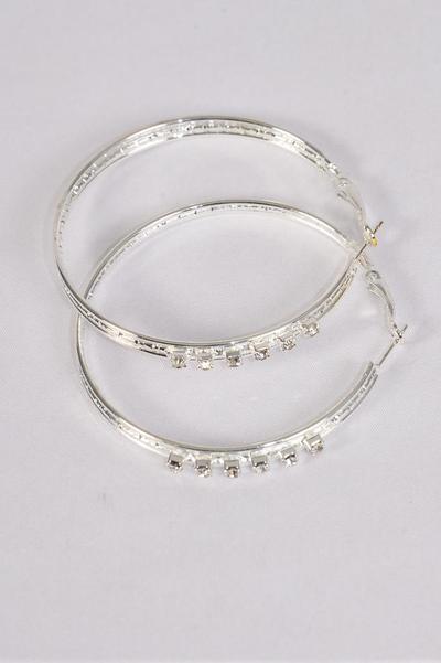 Earrings Metal Hoop Clear Rhinestones / 12 pair = Dozen Post , Size - 2.25" Wide , Earring Card & OPP Bag & UPC Code , Choose Gold Or Silver Finishes