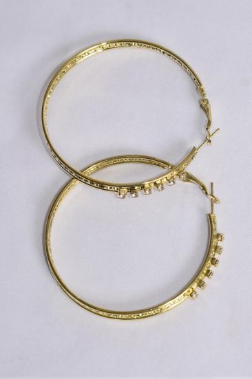 Earrings Metal Hoop Gold Clear Rhinestones / 12 pair = Dozen  Gold, Post , Size - 2.25" Wide , Earring Card & OPP bag & UPC Code