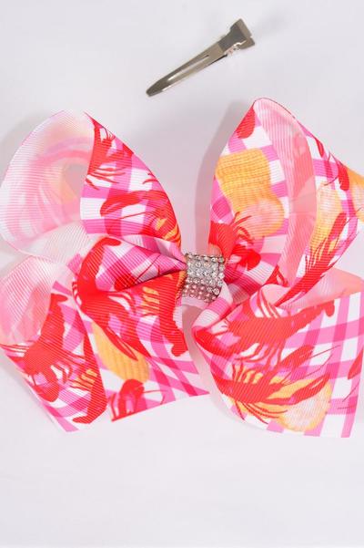 Hair Bow Jumbo Plaid Lobster Craw fish Corn Grosgrain Bow-tie / 12 pcs Bow = Dozen Alligator Clip , Bow - 6" x 5" Wide , Clip Strip & UPC Code