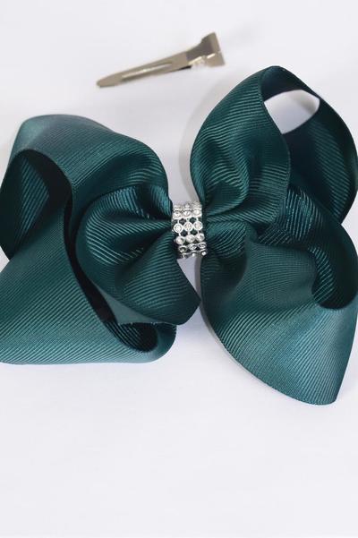 Hair Bow Jumbo Center Clear Stones Spruce Grosgrain Bow-tie /12 pcs Bow = Dozen   Spruce , Alligator Clip , Bow - 6" x 5", Clip Strip & UPC Code