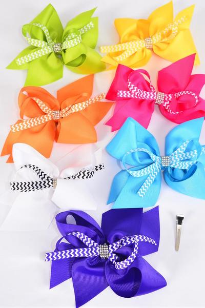 Hair Bow Jumbo Center Chevron Ribbon Grosgrain Bow-tie Citrus / 12 pcs Bow = Dozen Alligator Clip , Size - 6" x 5" Wide , 2 Fuchsia , 2 Blue , 2 Yellow , 2 Purple , 2 White , 1 Lime , 1 Orange Color Mix , Clip Strip & UPC Code