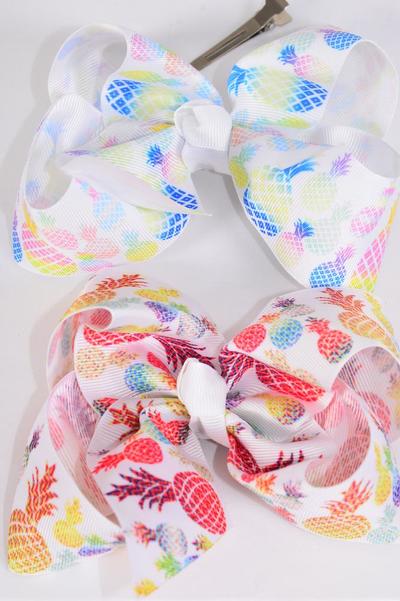 Hair Bow Jumbo Pineapple Mix Grosgrain Bow-tie / 12 pcs Bow = Dozen Pineapple , Alligator Clip , Size - 6" x 5" Wide , 4 of each Pattern Asst , Clip Strip and UPC Code