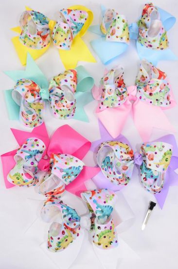 Hair Bow Jumbo Dinosure Double Layered Color Stone Studded Gosgrain Bow-tie / 12 pcs Bow = Dozen Alligator Clip , Size - 6" x 5", 2 White , 2 Baby Pink , 2 Lavender , 2 Hot Pink , 2 Mint Green , 1 Blue , 1 Yellow Color Asst , Clip Strip & UPC Code