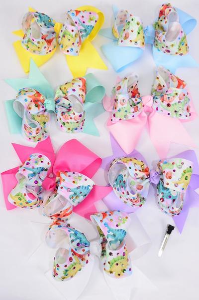 Hair Bow Jumbo Dinosure Double Layered Color Stone Studded Gosgrain Bow-tie / 12 pcs Bow = Dozen Alligator Clip , Size - 6" x 5", 2 White , 2 Baby Pink , 2 Lavender , 2 Hot Pink , 2 Mint Green , 1 Blue , 1 Yellow Color Asst , Clip Strip & UPC Code