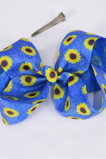 Hair Bow Jumbo Denim Print Sunflower Grosgrain Bow-tie /  12 pcs Bow = Dozen Alligator Clip , Size - 6" x 5" Wide , Clip Strip and UPC Code