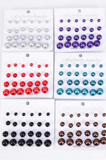 Earrings 12 pair ABS Pearls Dark Multi / 12 card = Dozen Size - 6, 8 , 10 , 12 mm Mix , 2 of each Color Asst , Earring card & Opp Bag & UPC Code . 12 pair per Card ,12 Card = Dozen