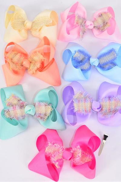 Hair Bow Jumbo Double Layered Tweed Accent Grosgrain Bow-tie Pastel / 12 pcs Bow = Dozen Alligator Clip , Size - 6" x 5" Wide , 2 Beige , 2 Pink , 2 Lavender , 2 Hot Pink , 2 Blue , 1 Peach , 1 mint Green Asst , Clip Strip and UPC Code