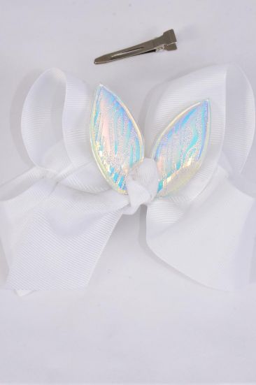 Hair Bow Jumbo Bunny Ears White Grosgrain Bow-tie / 12 pcs Bow = Dozen White , Alligator Clip , Size - 6" x 6" Wide , Clip Strip and UPC Code