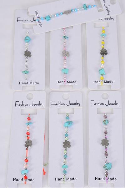 Bracelet Clover Stainless Steel Semiprecious Stone & Crystal Mix Multi / 12 pcs = Dozen  Pull-String , Adjustable , 2 White , 2 Pink , 2 Purple , 2 Blue , 2 Yellow , 1 Mint Green , 1 Orange Mix , Individual Hang tag & OPP Bag & UPC Code