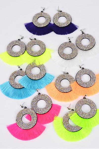 Earrings Fringe Tassels Multi / 12 Pair = Dozen Fish Hook , Size - 3" x 2.5" , 2  Fuchsia , 2 Turquoise , 2 White , 2 Purple , 2 Yelloe , 1 Orange , 1 Lime Asst , Earring Card & OPP Bag & UPC Code