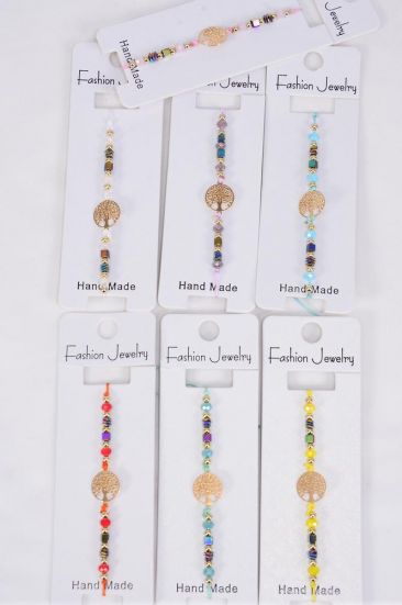 Bracelet Tree Of Life Filigree Gold Plated Stainless Steel Glass Crystal Mix Multi / 12 pcs = Dozen  Pull-String , Adjustable , 2 White , 2 Pink , 2 Purple , 2 Blue , 2 Yellow , 1 Mint Green , 1 Orange Mix , Individual Hang tag & OPP Bag & UPC Code