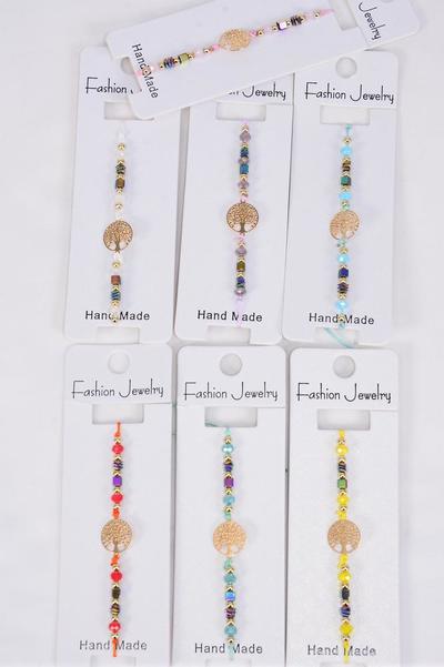 Bracelet Tree Of Life Filigree Gold Plated Stainless Steel Glass Crystal Mix Multi / 12 pcs = Dozen  Pull-String , Adjustable , 2 White , 2 Pink , 2 Purple , 2 Blue , 2 Yellow , 1 Mint Green , 1 Orange Mix , Individual Hang tag & OPP Bag & UPC Code