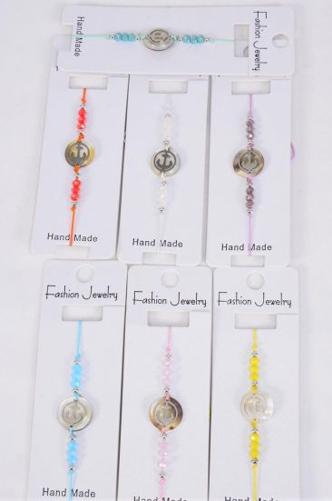 Bracelet Stainless Steel Nautical Anchor On Seashell Glass Crystal Asst Multi / 12 pcs = Dozen Pull-String , Adjustable , 2 White , 2 Pink , 2 Purple , 2 Blue , 2 Yellow , 1 Mint Green , 1 Orange Mix , Individual Hang tag & OPP Bag & UPC Code