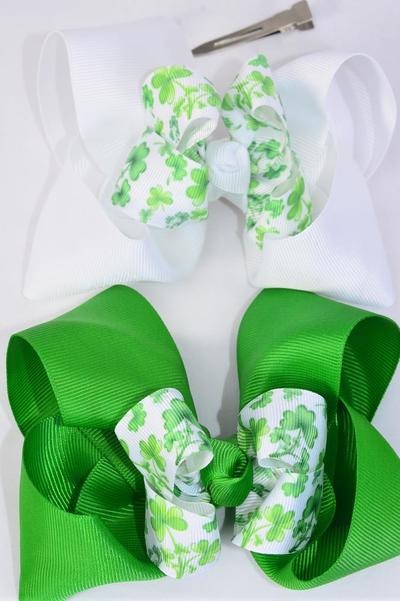 Hair Bow Jumbo Double Layered Bow Shamrock Grosgrain Bow-tie / 12 pcs Bow = Dozen Alligator Clip , Size - 6" x 5" Wide , 6 of each Pattern Asst , Clip Strip and UPC Code