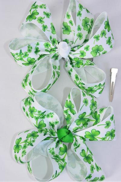 Hair Bow Jumbo Bow Shamrock Grosgrain Bow-tie / 12 pcs Bow = Dozen Alligator Clip , Size - 6" x 5" Wide , 6 of each Pattern Asst , Clip Strip & UPC Code