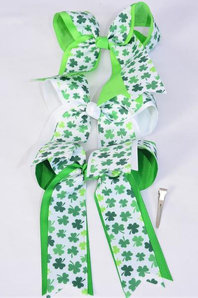 Hair Bow Jumbo Long Tail Double Layered Shamrock Grosgrain Bow-tie / 12 pcs Bow = Dozen Alligator Clip , Size - 6.5" x 6" Wide , 4 of each Pattern Asst , Clip Strip and UPC Code