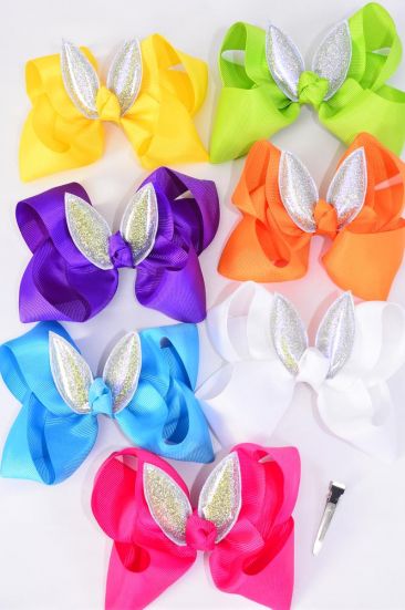 Hair Bow Jumbo Bunny Ears  Iridescent Grosgrain Bow-tie Citrus / 12 pcs Bow = Dozen  Alligator Clip , Size - 6" x 6" Wide , 2 White , 2 Fuchsia , 2 Purple , 2 Yellow , 2 Blue , 1 Lime , 1 Orange Color Asst , Clip Strip and UPC Code